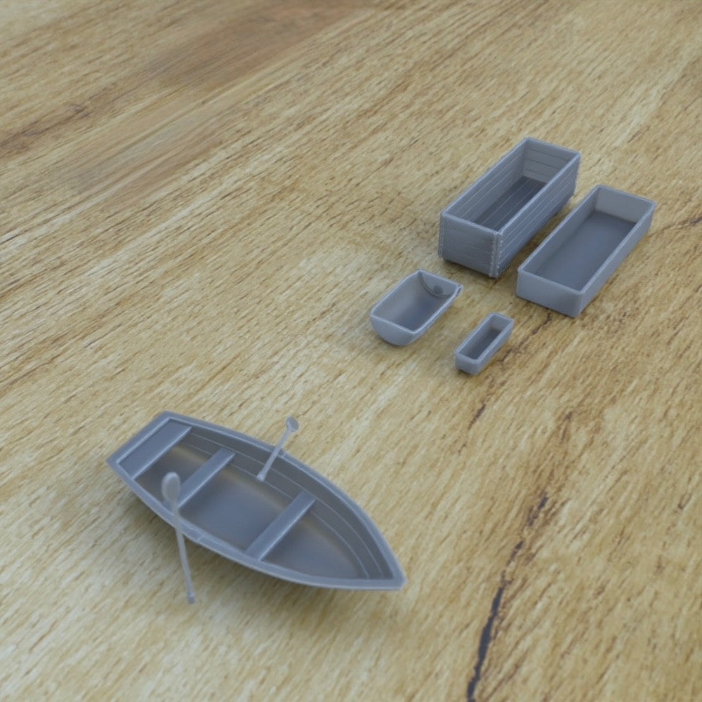 1/25th scale resin 3-D printed tv dishes, bells, boat, cratesby Myportal Studios