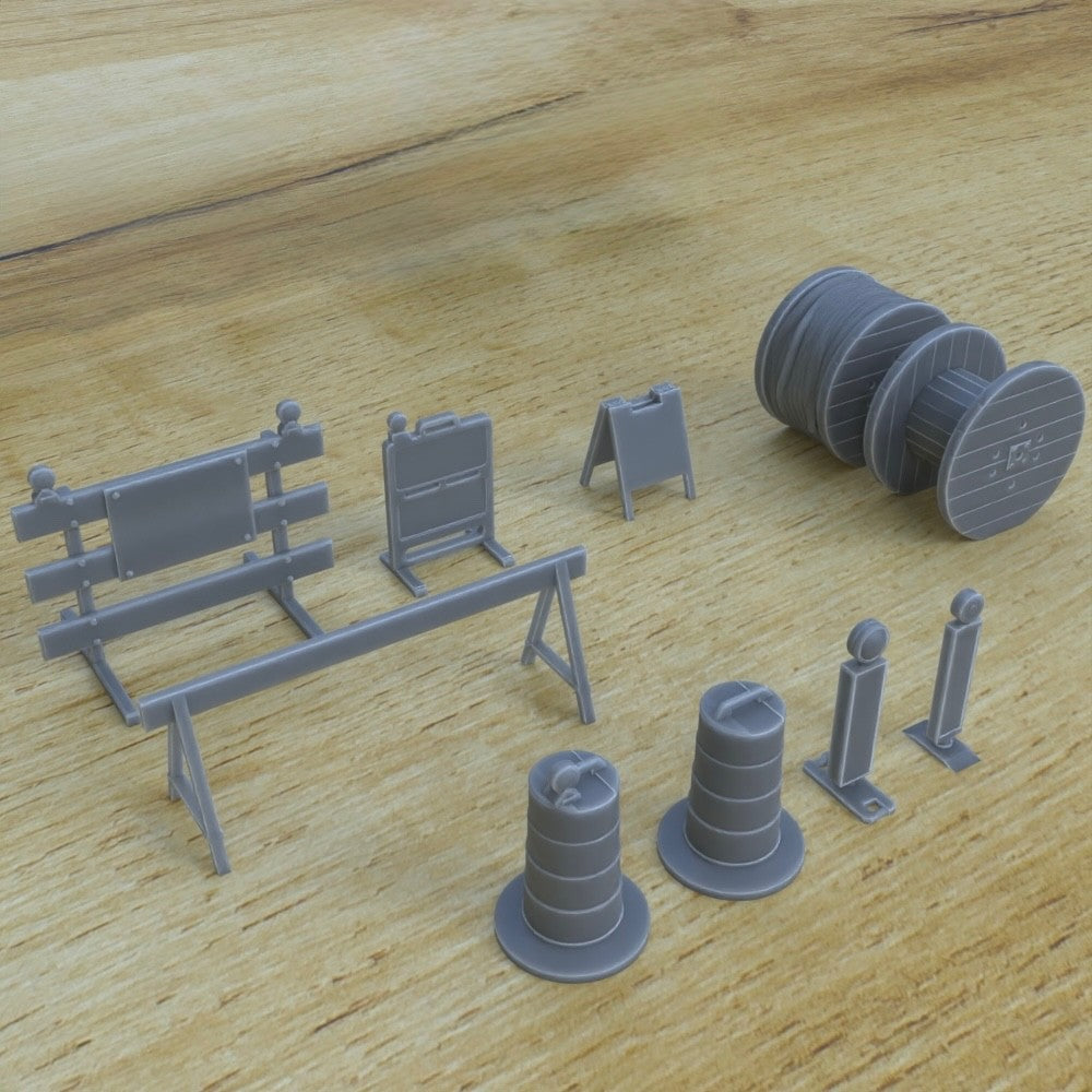 1/25th scale resin 3-D printed construction zone set by Myportal Studios