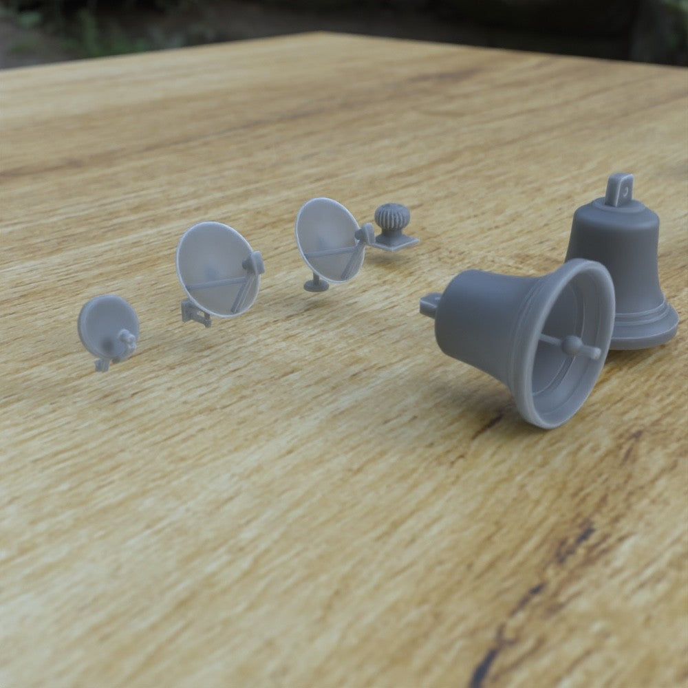 1/25th scale resin 3-D printed tv dishes, bells, boat, cratesby Myportal Studios