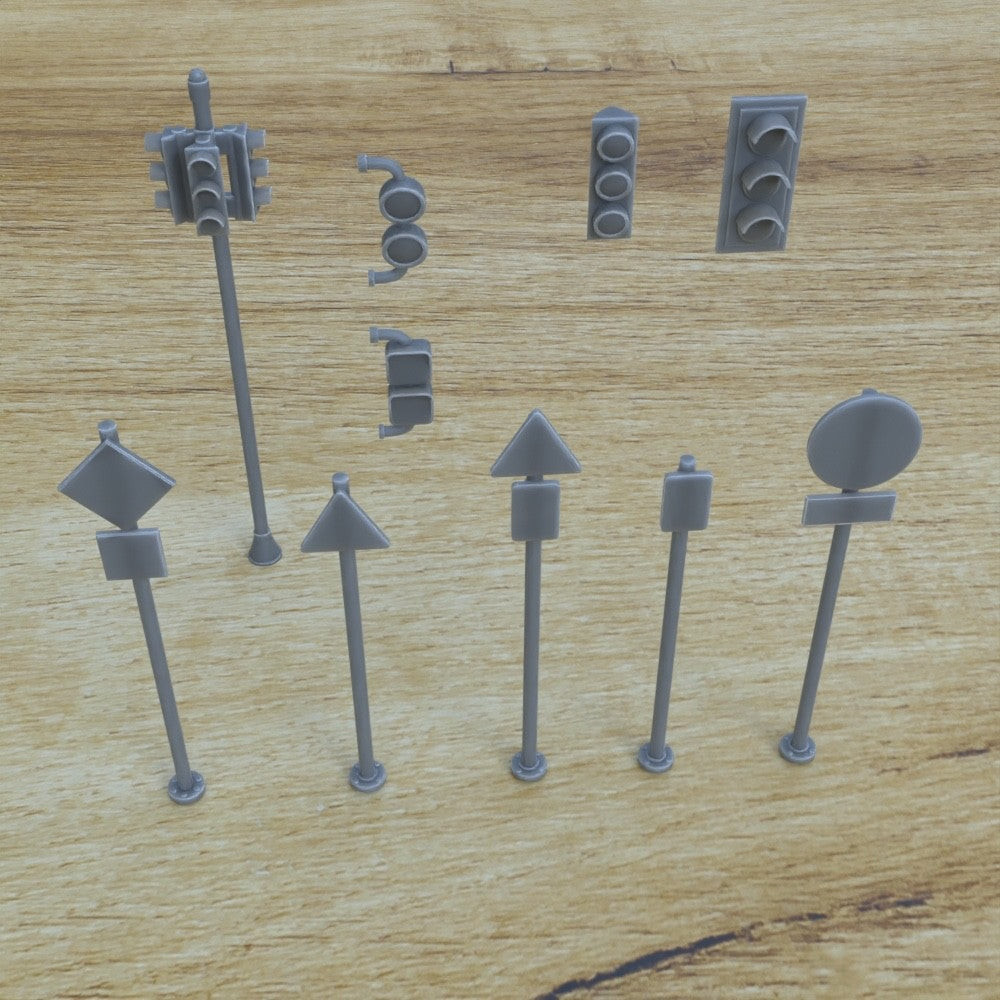 1/25th scale resin 3-D printed stop lights and warning signs by Myportal Studios